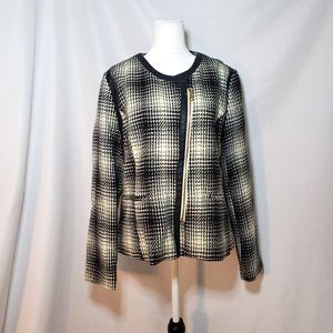 Black & White Houndstooth Plaid Pattern Side Zip Blazer - Size Large 14